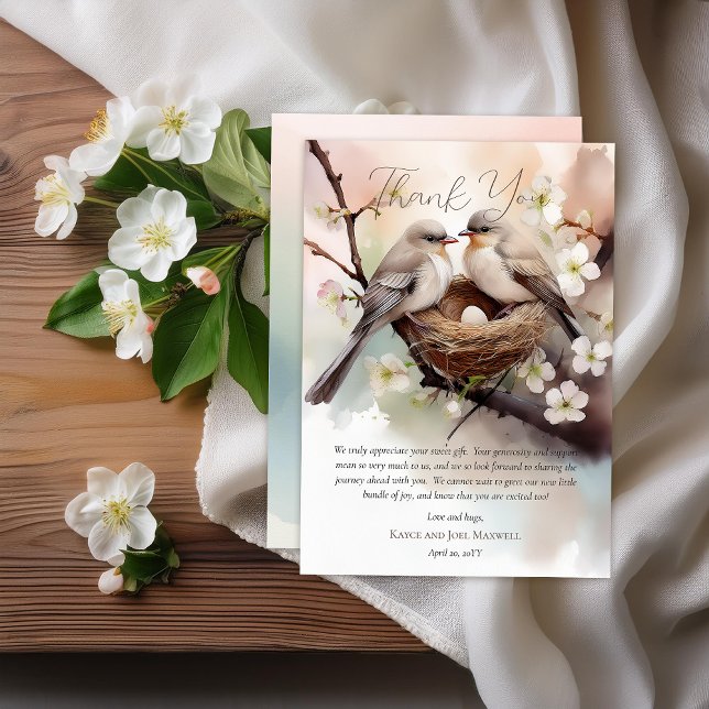 Tarjeta De Agradecimiento Hermosas aves que anidan Fiesta Baby Shower neutra (Beautiful Birds In Nest Nesting Party Gender Neutral Baby Shower Flat Thank You Card)