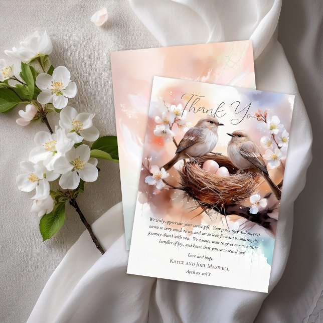 Tarjeta De Agradecimiento Hermosas aves que anidan Fiestas gemelos Baby Show (Beautiful Birds In Nest Nesting Party Twins Gender Neutral Baby Shower Flat Thank You Card)
