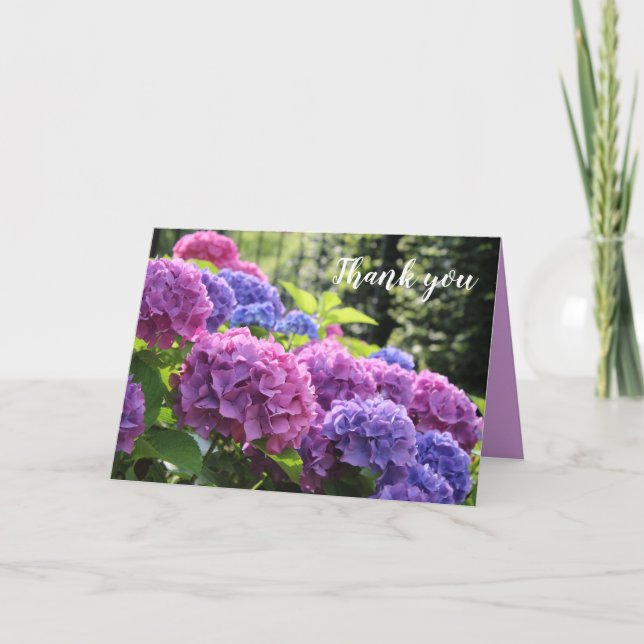 Tarjeta De Agradecimiento Hermosas flores de hidrangea rosa y azul (Anverso)