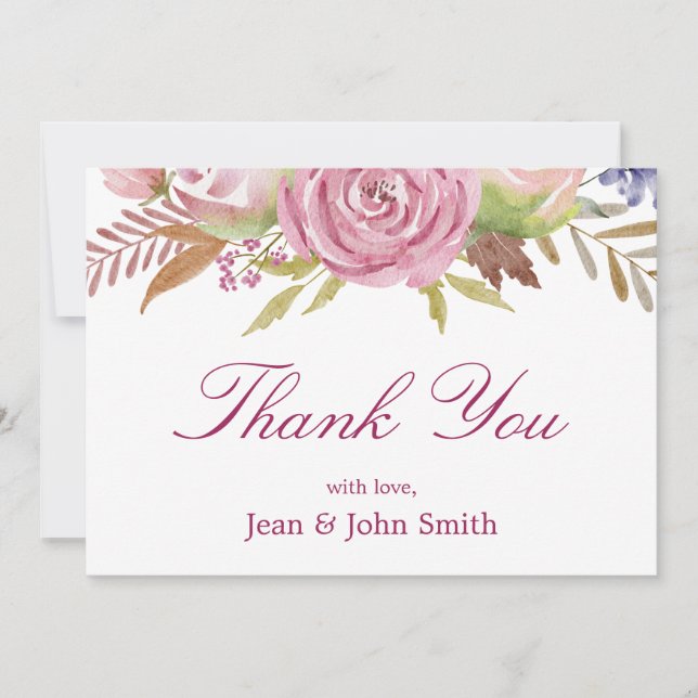 Tarjeta De Agradecimiento Hermosas Flores Rosa Con Hojas (Anverso)