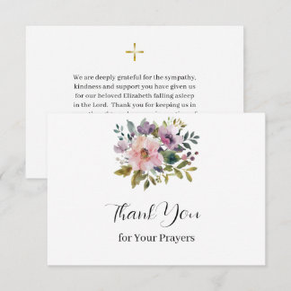 Tarjeta De Agradecimiento Hermosas flores rosadas y moradas acuarela Funeral
