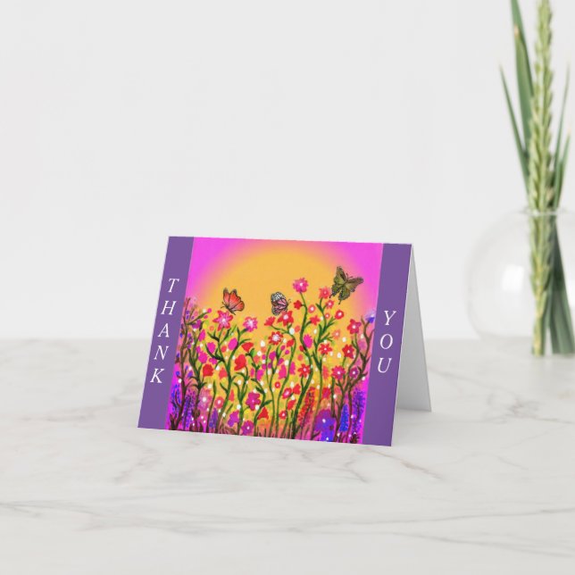 Tarjeta De Agradecimiento Hermosas flores silvestres con amigos mariposas (Anverso)
