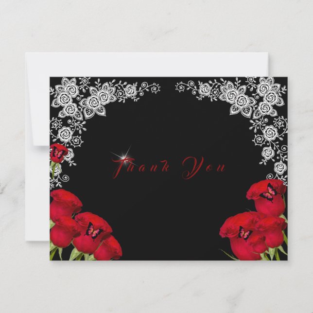 Tarjeta De Agradecimiento Hermosas mariposas de rosas rojas Quinceanera (Anverso)