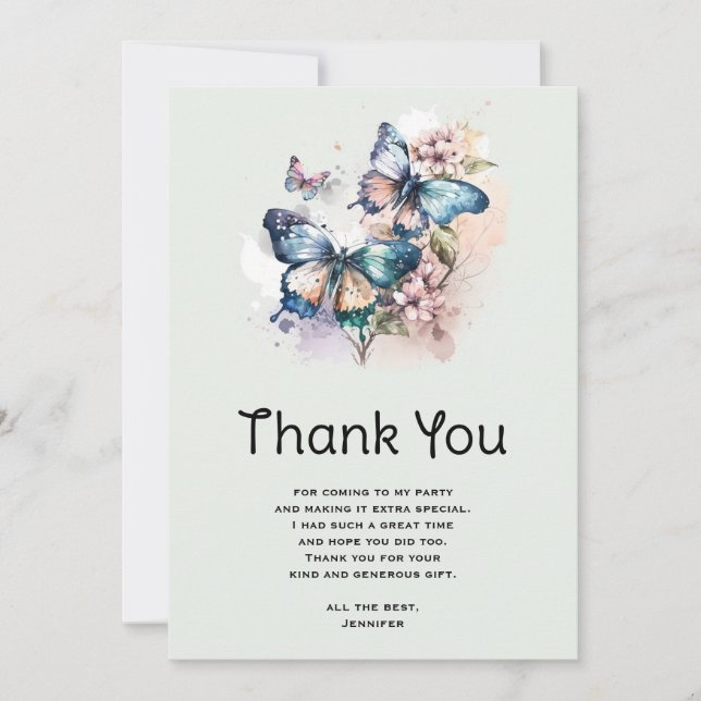 Tarjeta De Agradecimiento Hermosas mariposas y flores (Anverso)