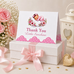 Tarjeta De Agradecimiento Hermoso Baby Shower de Niña con Flores Rosadas