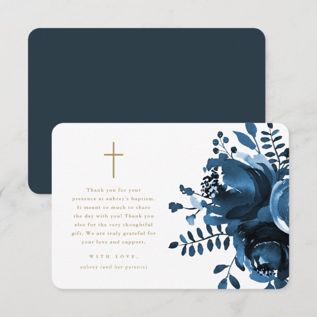 Tarjeta De Agradecimiento Hermoso Baptismo Floral Azul Gracias (Anverso / Reverso)