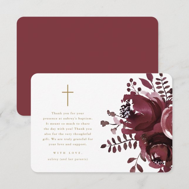 Tarjeta De Agradecimiento Hermoso Baptismo Floral de Borgoña Gracias (Anverso / Reverso)