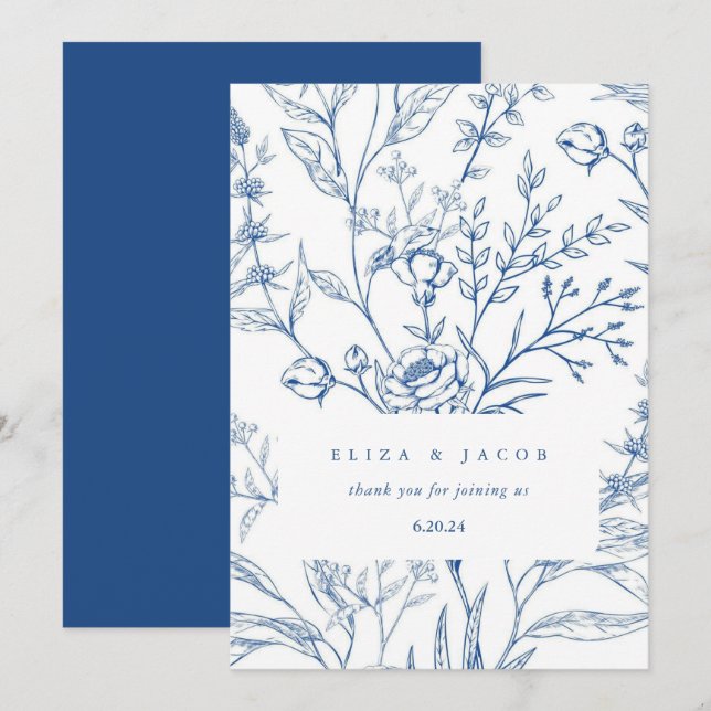 Tarjeta De Agradecimiento Hermoso Boda floral azul y blanco (Anverso / Reverso)