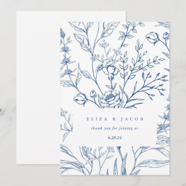 Tarjeta De Agradecimiento Hermoso Boda floral azul y blanco (Anverso / Reverso)
