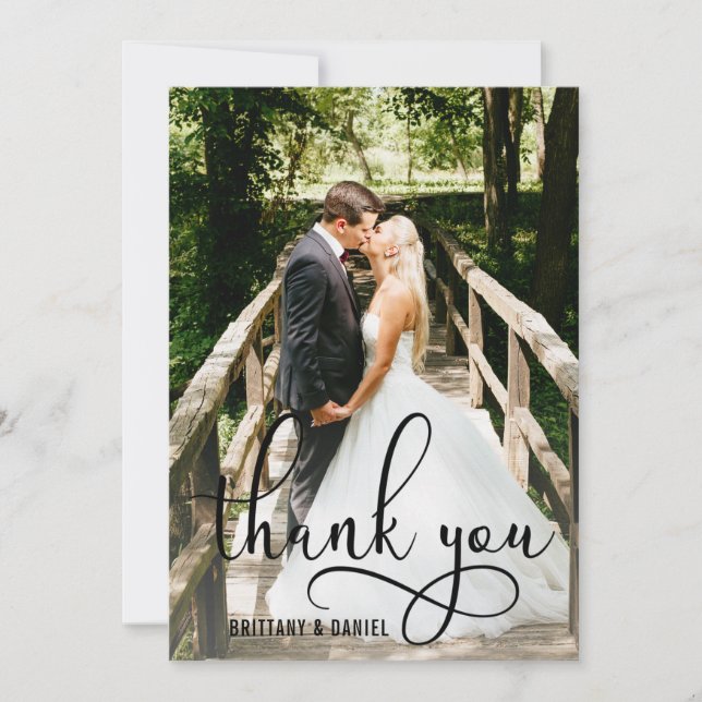 Tarjeta De Agradecimiento Hermoso Boda fotográfico con guión de caligrafía (Anverso)