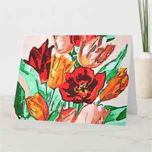Tarjeta De Agradecimiento Hermoso Bouquet Floral Tulipanes Arte Contorno Neg