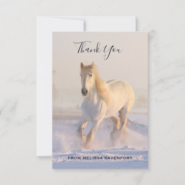 Tarjeta De Agradecimiento Hermoso caballo blanco corriendo en la nieve graci (Anverso)