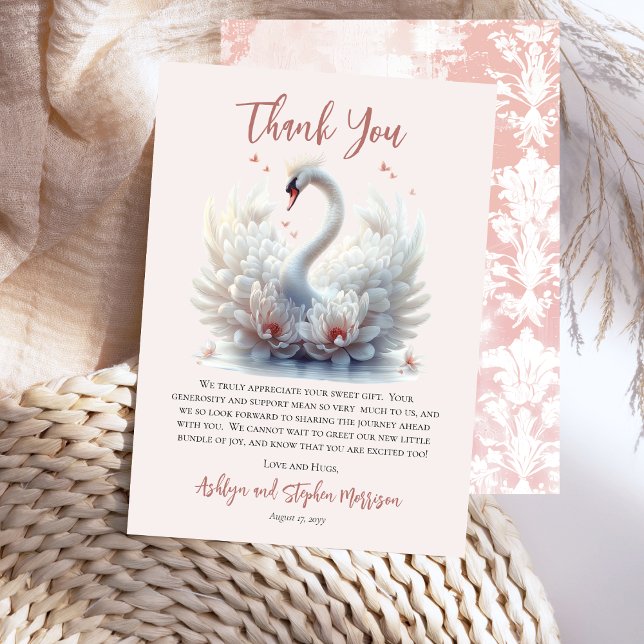 Tarjeta De Agradecimiento Hermoso Chica de Damasco Floral Rosa (Beautiful Swan Pink Floral Damask Girl Baby Shower Thank You Card)