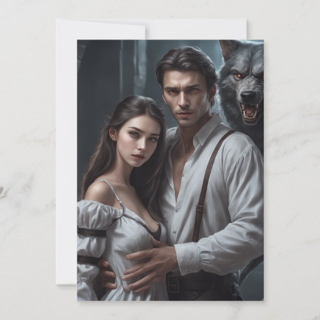 Tarjeta De Agradecimiento Hermoso chica y hombre apuesto en el hombre lobo (Anverso)