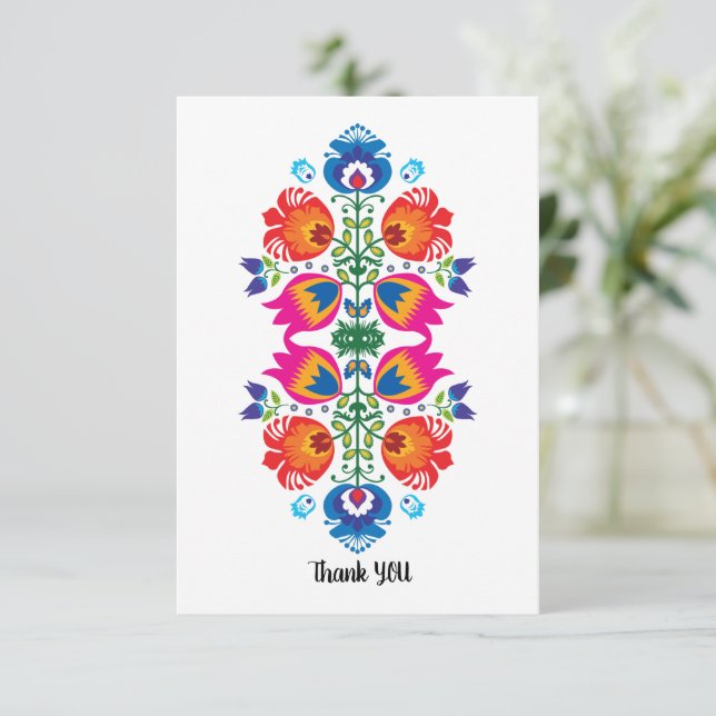 Tarjeta De Agradecimiento Hermoso folclore rosa, rojo y azul Gracias (Anverso de pie)