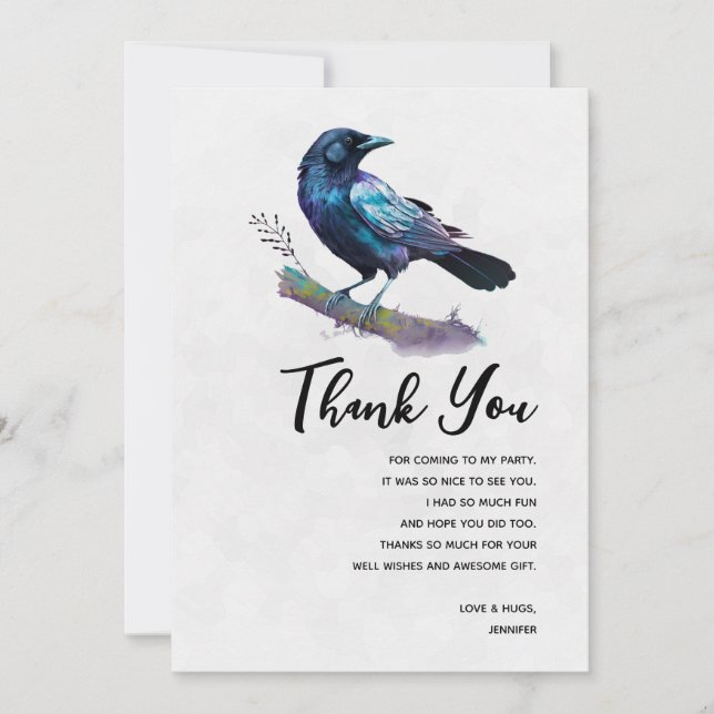 Tarjeta De Agradecimiento Hermoso Raven en una rama de árbol (Anverso)