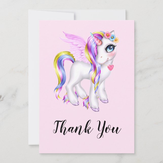 Tarjeta De Agradecimiento Hermoso Unicornio con Melena de Arcoíris Gracias (Anverso)