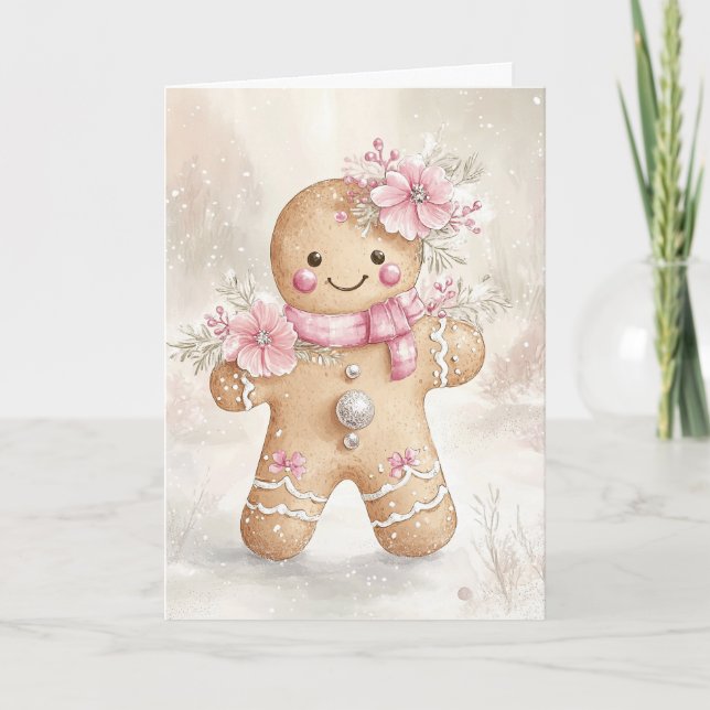 Tarjeta De Agradecimiento Hermosos Navidades rosados Gingerbread Cookie Blan (Anverso)