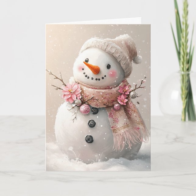 Tarjeta De Agradecimiento Hermosos Navidades rosados Snowman Blank (Anverso)