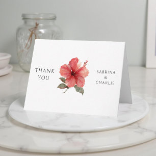 Tarjeta De Agradecimiento Hibisco Tropical Moderno Acuarela Rojo Coral