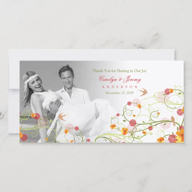 Tarjeta De Agradecimiento Hibiscus amarillo y Swallow Floral Boda foto (Anverso)