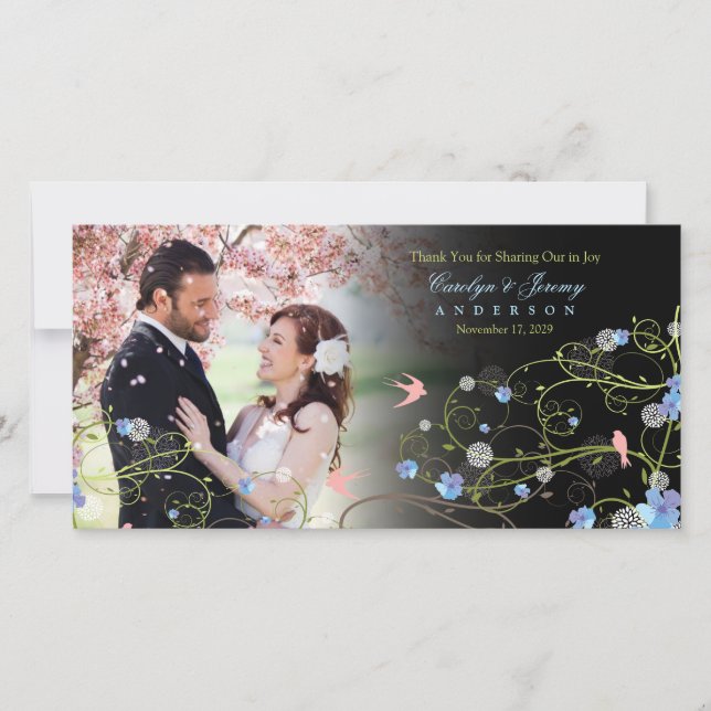 Tarjeta De Agradecimiento Hibiscus azul y golondrinas Moda Boda floral foto (Anverso)