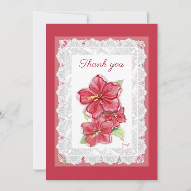 Tarjeta De Agradecimiento Hibiscus & lace RED (Anverso)