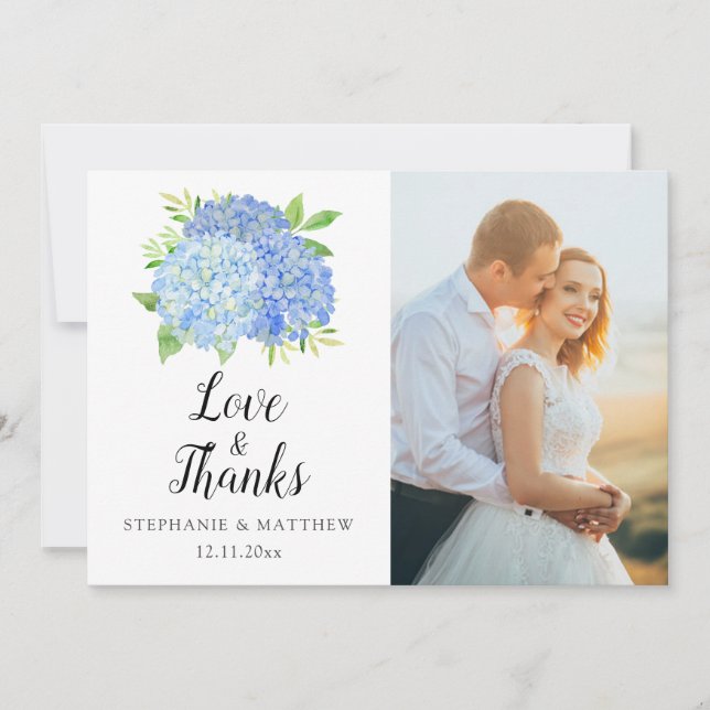 Tarjeta De Agradecimiento Hidrangea azul acuarela Boda floral foto (Anverso)