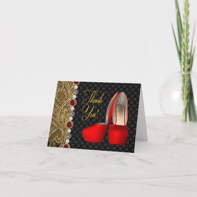 Tarjeta De Agradecimiento High Heel Shoes Pearls Black Ruby Red Gold Gracias (Anverso)