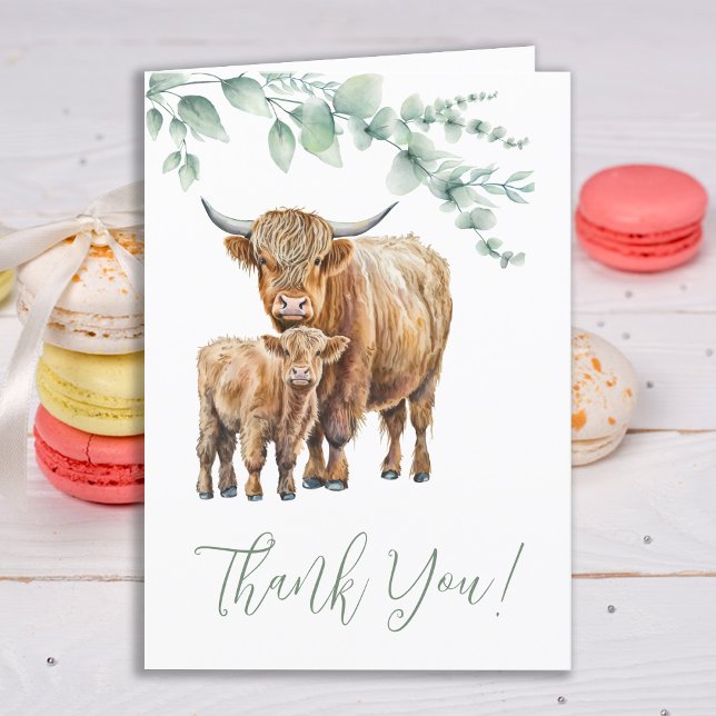 Tarjeta De Agradecimiento Highland Cow Boho Greenery Farm Animal Baby Shower (Subido por el creador)