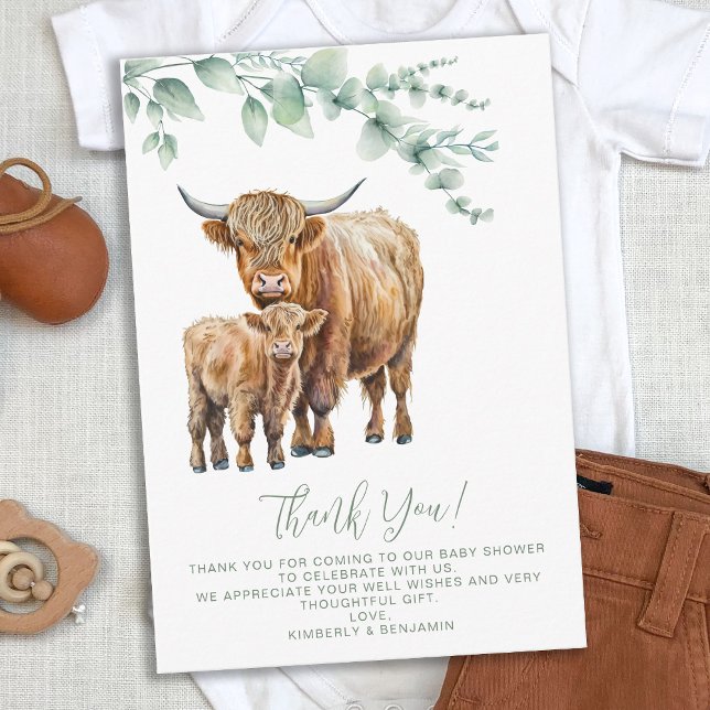 Tarjeta De Agradecimiento Highland Cow Boho Sage Greenery Baby Shower (Subido por el creador)
