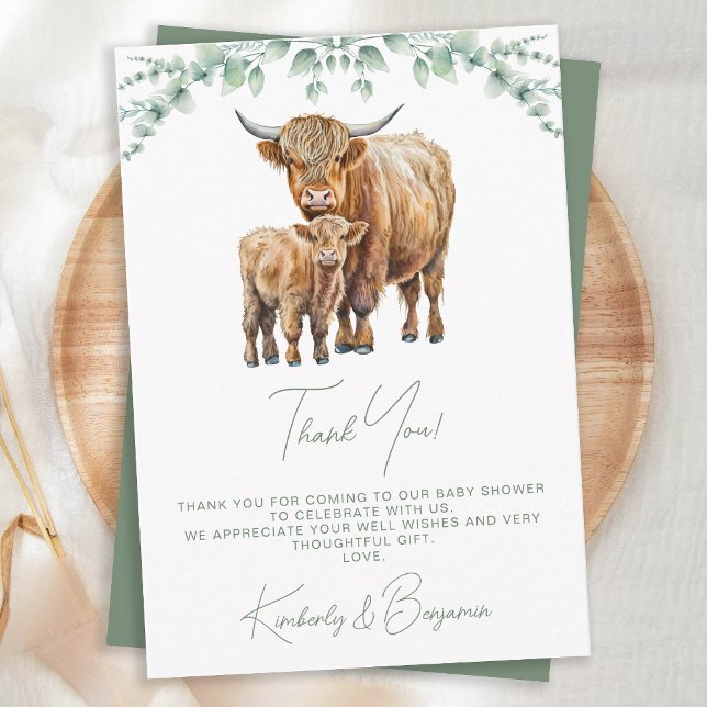 Tarjeta De Agradecimiento Highland Cow Greenery Boho Farm Animal Baby Shower (Subido por el creador)