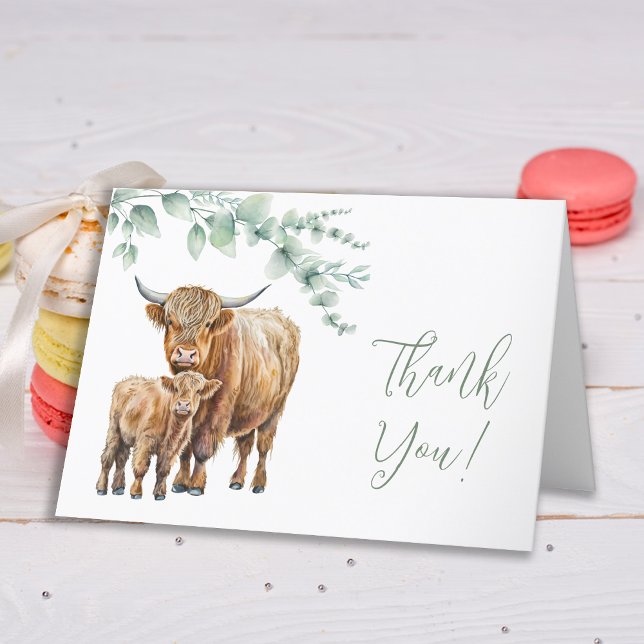 Tarjeta De Agradecimiento Highland Cow Greenery Boho Farm Animal Baby Shower (Subido por el creador)