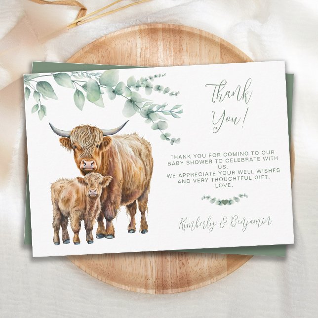 Tarjeta De Agradecimiento Highland Cow Greenery Farm Animals Baby Shower (Subido por el creador)