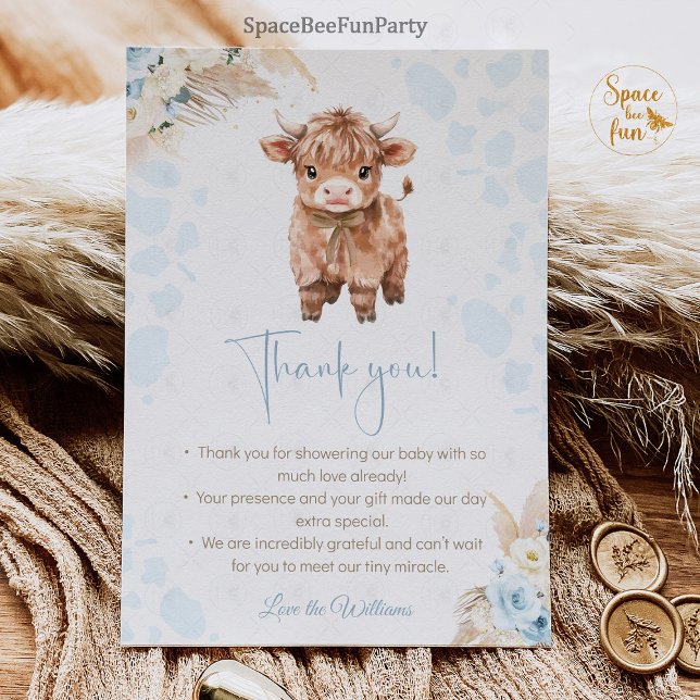 Tarjeta De Agradecimiento Highland Cow Holy Cow baby shower Boy (highland cow baby shower,holy cow baby shower,baby shower invitation,thank you  card shower,farm ani)