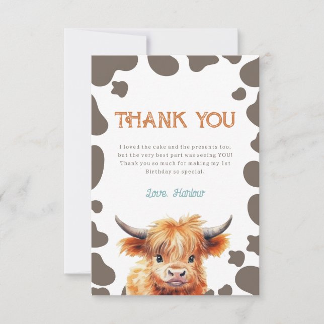 Tarjeta De Agradecimiento Highland Cow My First Rodeo Primer Cumpleaños (Anverso)