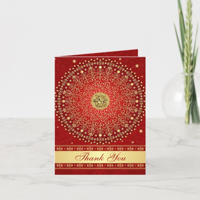 Tarjeta De Agradecimiento Hindu Ganesh Red Gold Scrolls Stars Thank You Card (Anverso)