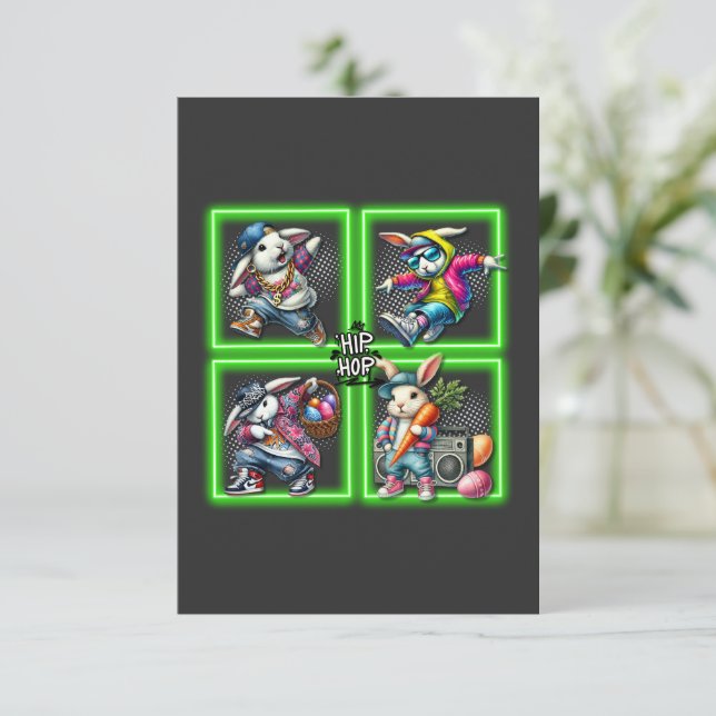 Tarjeta De Agradecimiento Hip Hop Easter Bunny Buddies, Neon Green | (Anverso de pie)