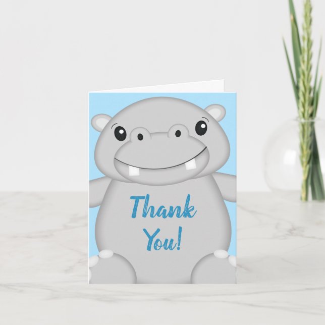 Tarjeta De Agradecimiento Hippo Baby Shower Blue (Anverso)