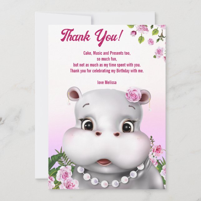 Tarjeta de agradecimiento Hippo Pink Floral (Anverso)