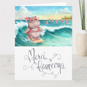 Tarjeta De Agradecimiento Hippo Surfista en Tabla de Surf flotando en el mar