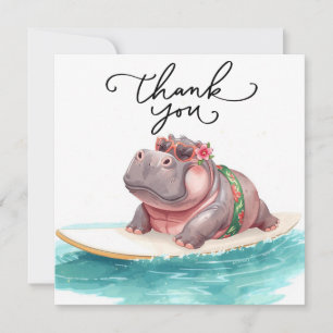 Tarjeta De Agradecimiento Hippo Surfista en Tabla de Surf flotando en el mar