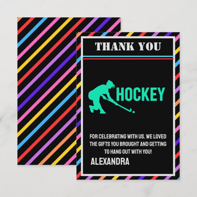Tarjeta De Agradecimiento Hockey Birthday Party, Hockey Girl Player  (Anverso / Reverso)