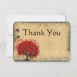 Tarjeta De Agradecimiento Hoja de Corazón Árbol Rojo Vintage Pájaro Boda Agr