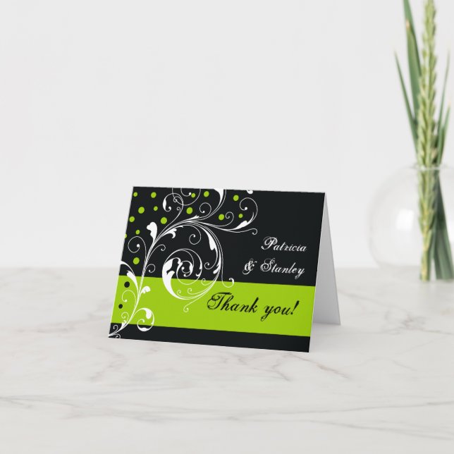 Tarjeta De Agradecimiento Hoja de desplazamiento floral negro, verde boda Gr (Anverso)