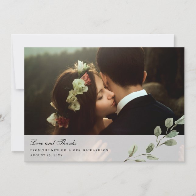 Tarjeta De Agradecimiento Hojas de Acuarela Elegantes | Dos Fotos de Boda (Anverso)