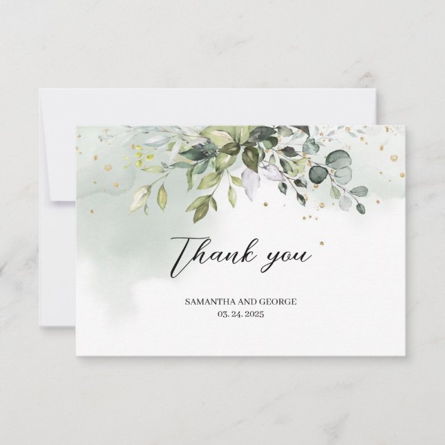 Tarjeta De Agradecimiento Hojas de eucalipto de boho verde vegetal (Anverso)