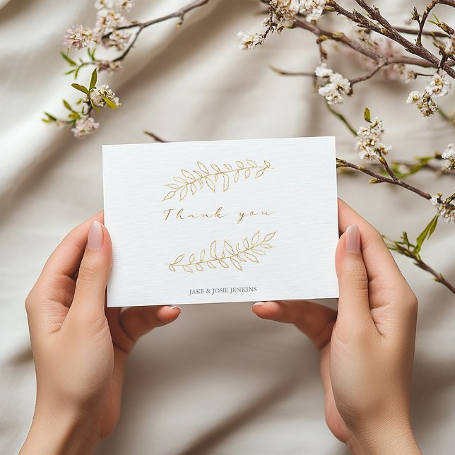 Tarjeta De Agradecimiento hojas de oro de bonito, boda (Gold leaf thank you card with elegant script and couple’s names)