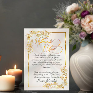 Tarjeta De Agradecimiento Hojas de Oro y Tiara - Pearl Quinceañera