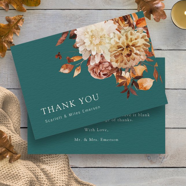 Tarjeta De Agradecimiento Hojas de otoño verde azulado (Teal Rustic Watercolor Fall Leaves Thank You Card by Painted Paperie
)